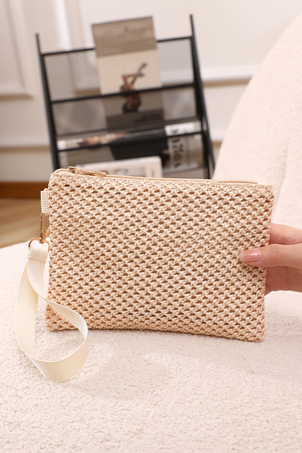 Beige Woven Zipper Wrist Strap Square Handbag