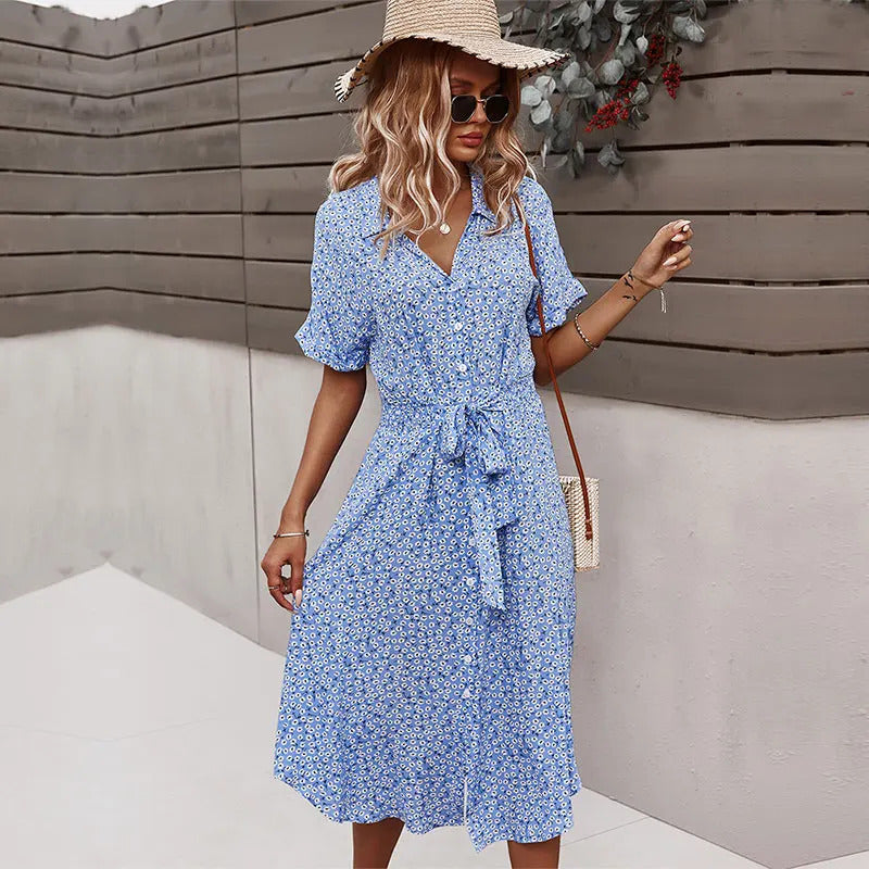 Summer Women Floral Print Dress Casual Short Sleeve Button Holiday Midi Dresses Female V-Neck Beach Boho Chic Dress Elegant Robe