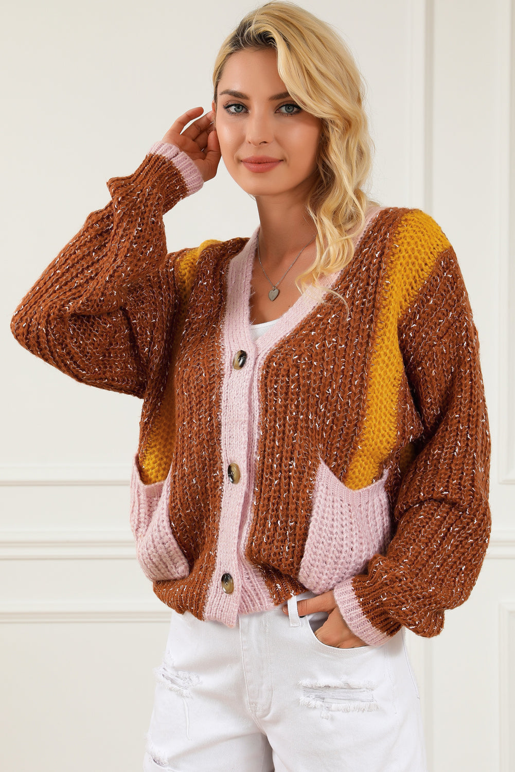 Brown Dual Pockets Colorblock Sweater Cardigan