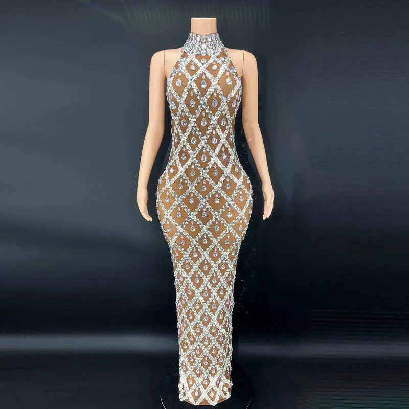 2024Sparkly Silver Big Rhinestone Transparent Long Dress Evening Birthday Celebrate Luxurious Costume Dancer Flashing prom Dress