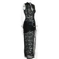 Fantoye Sexy Hollow Out High Slit Lace Women Maxi Dress Black See Through Evening Dress Female Autumn New Elegant Party Clubwear