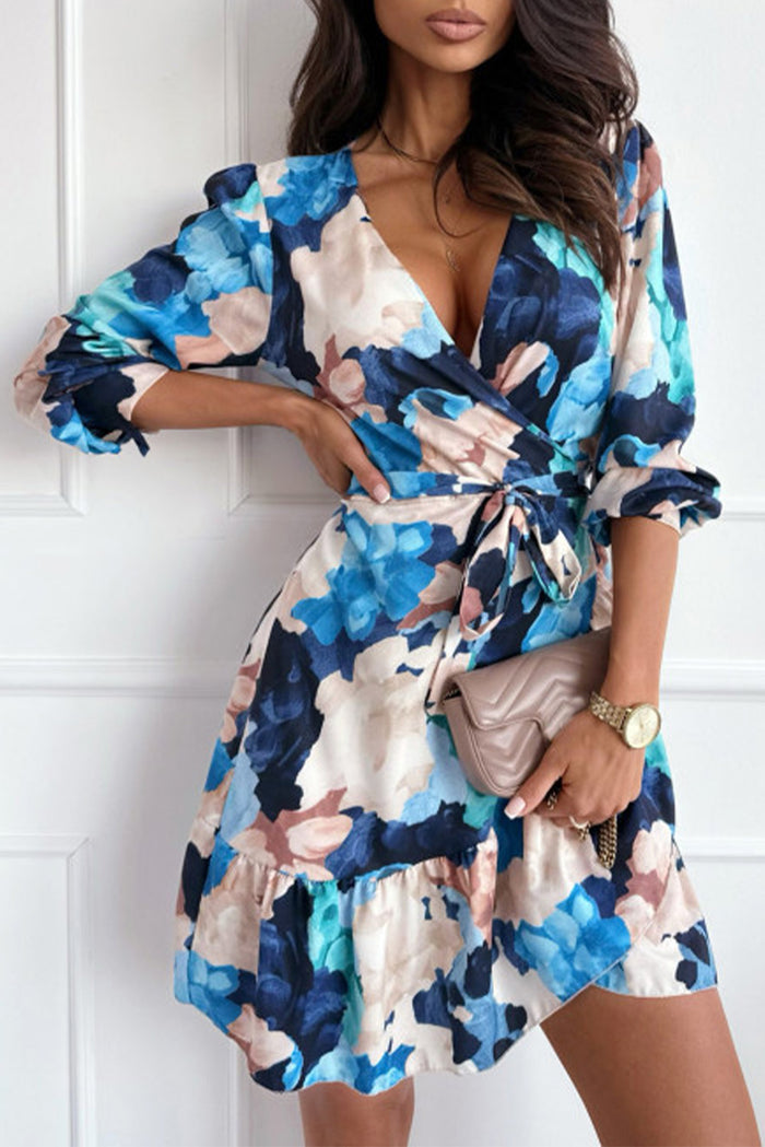 Abstract Floral Long Sleeve Tied Ruffle Dress