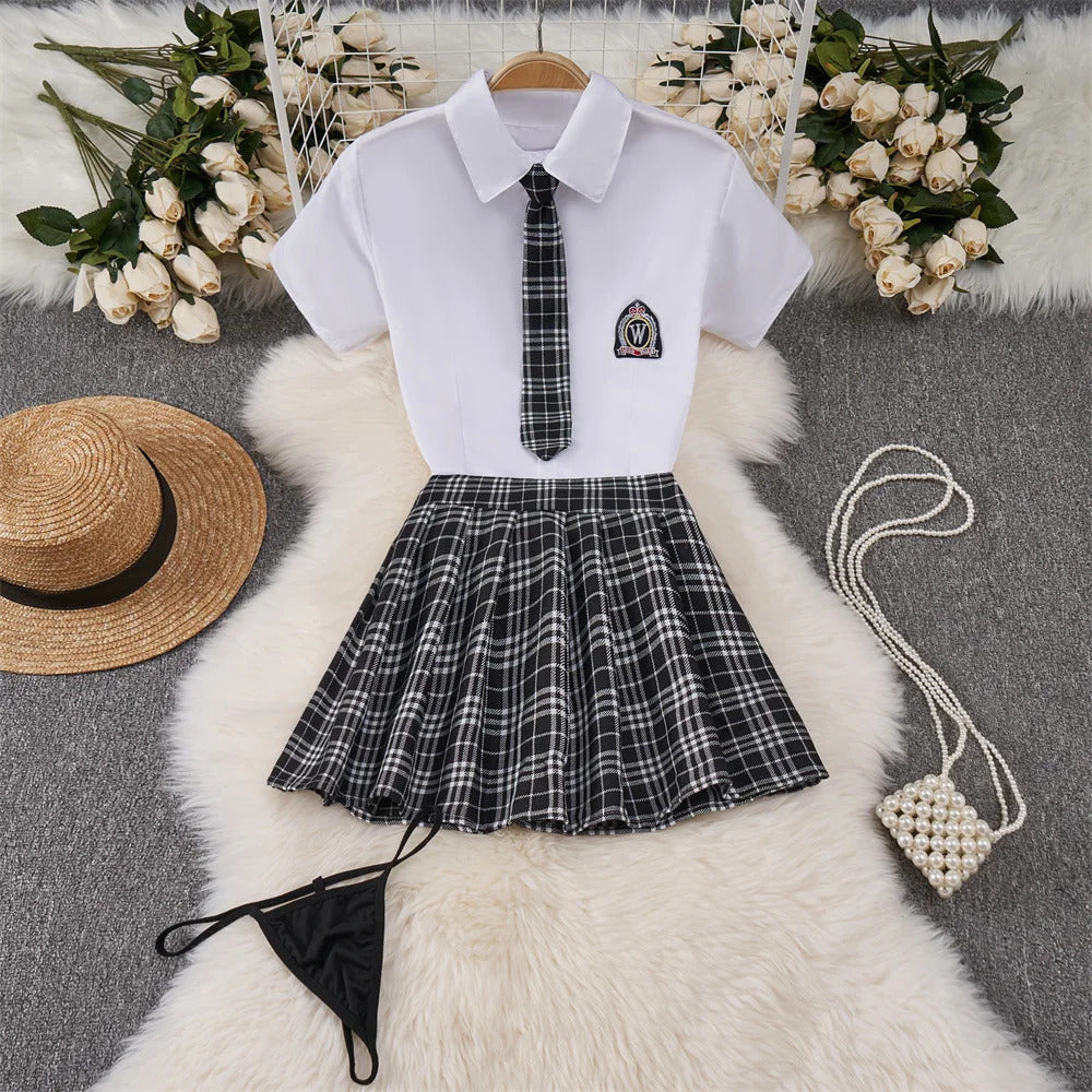 Japan Girls Vintage Cosplay Costume Sexy JK Uniform Skirt Suits Pajamas Outfits Erotic Striped Bow Tie Pleated Skirts Set