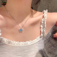 LATS Romantic Blue Crystal Butterfly Necklace for Women Girls Simple Shiny Zircon Bilayer Choker Clavicle Chain New Fine Jewelry