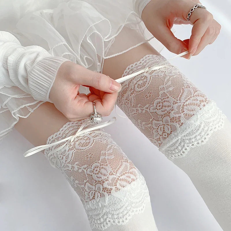 Socks Woman Autumn/Winter Solid Color Thigh High Lace Cute Lolita Thick Warm Stockings Black White Long Leg Socks for Women