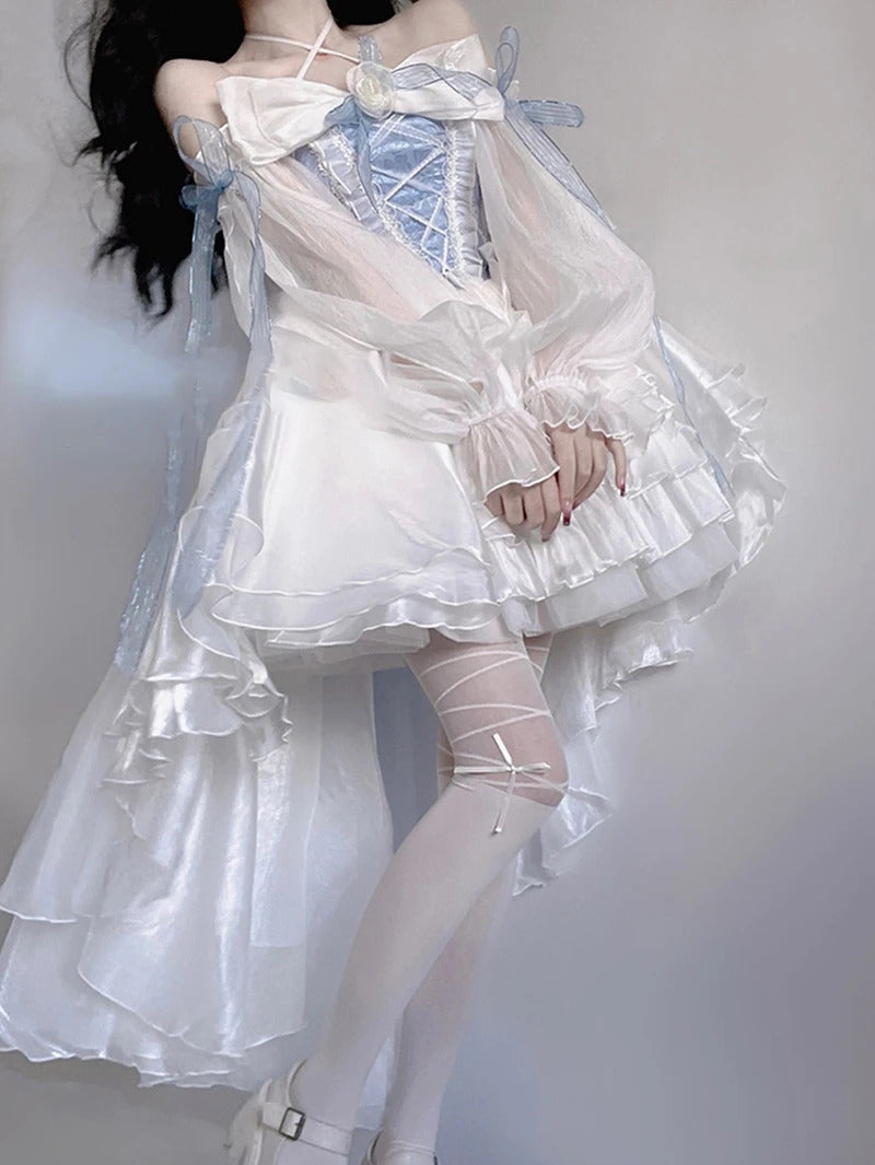 French Romantic Style Lolita Op Elegant Girl Cosplay Princess Puff Sleeve Ribbon Bowknot Flower Tunic Mesh Fantastic Fairy Dress