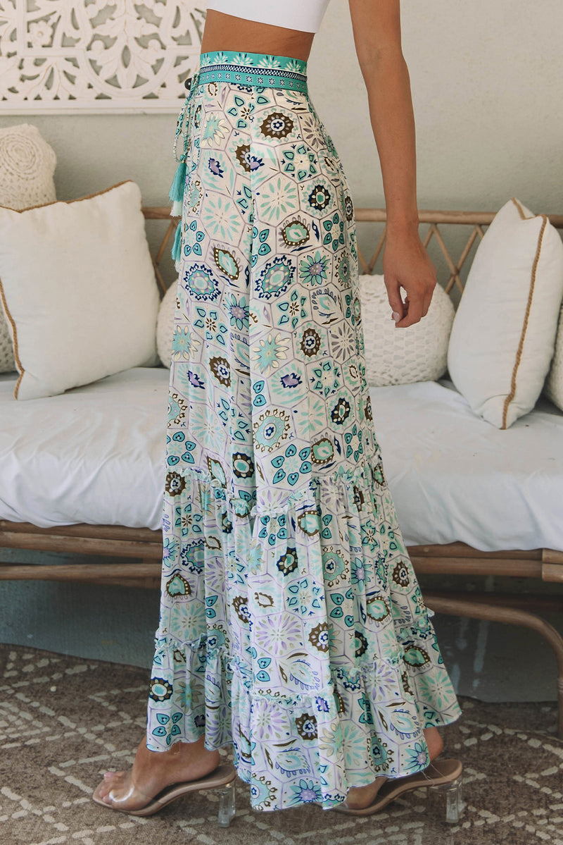 Sky Blue Boho Floral Print Maxi Skirt