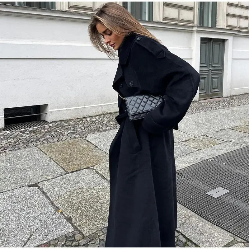 Elegant With Belt Black Long Coat For Women Oversize Woolen Double Button Lapel Overcoat Autumn New Lady High Street Outerwear