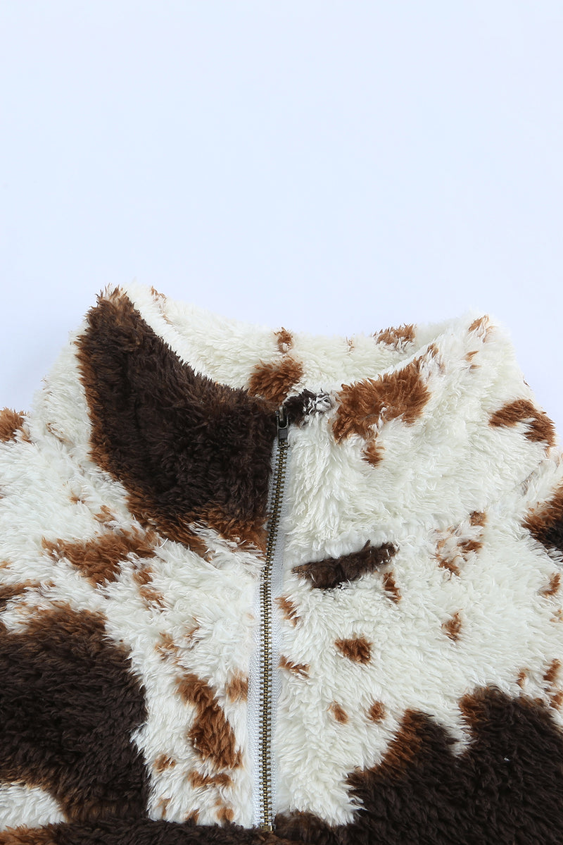 Zip Collar Cow Print Fleece Sweatshirt