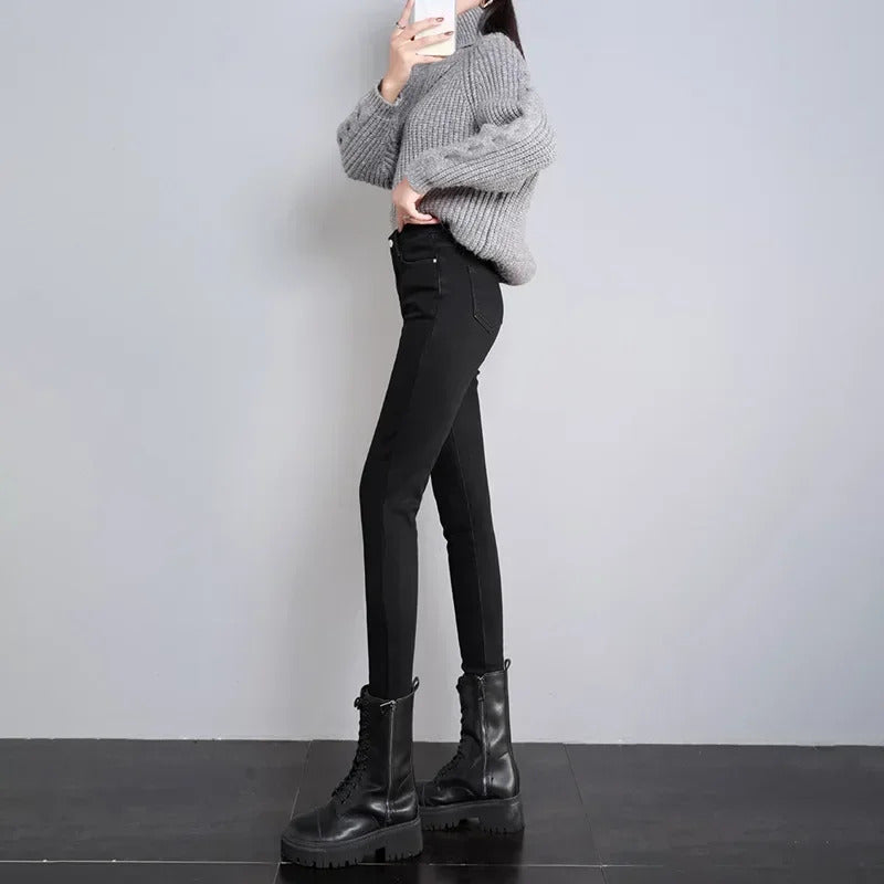 Women Thermal Skinny Jeans Mom Winter Warm Plush Stretch Jeans Lady Fleece Snow Denim Pants Student Pencil Straight Leg Trousers