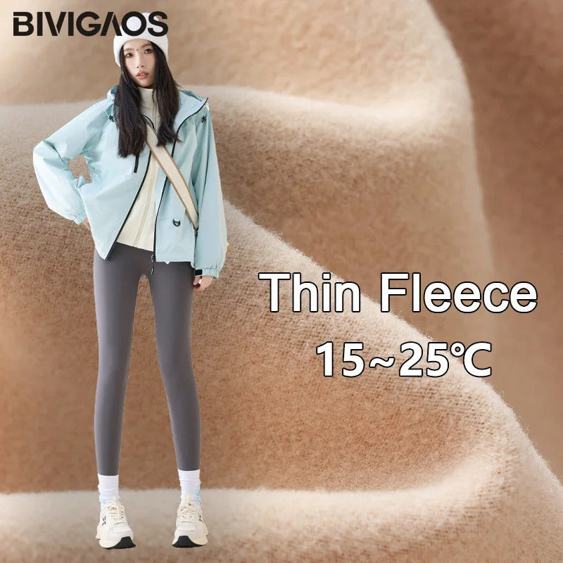 BIVIGAOS Autumn Winter High Waist Fleece Sharkskin Leggings Women Seamless Slim Tight-Fit Velvet Thickened Elastic Warm leggings