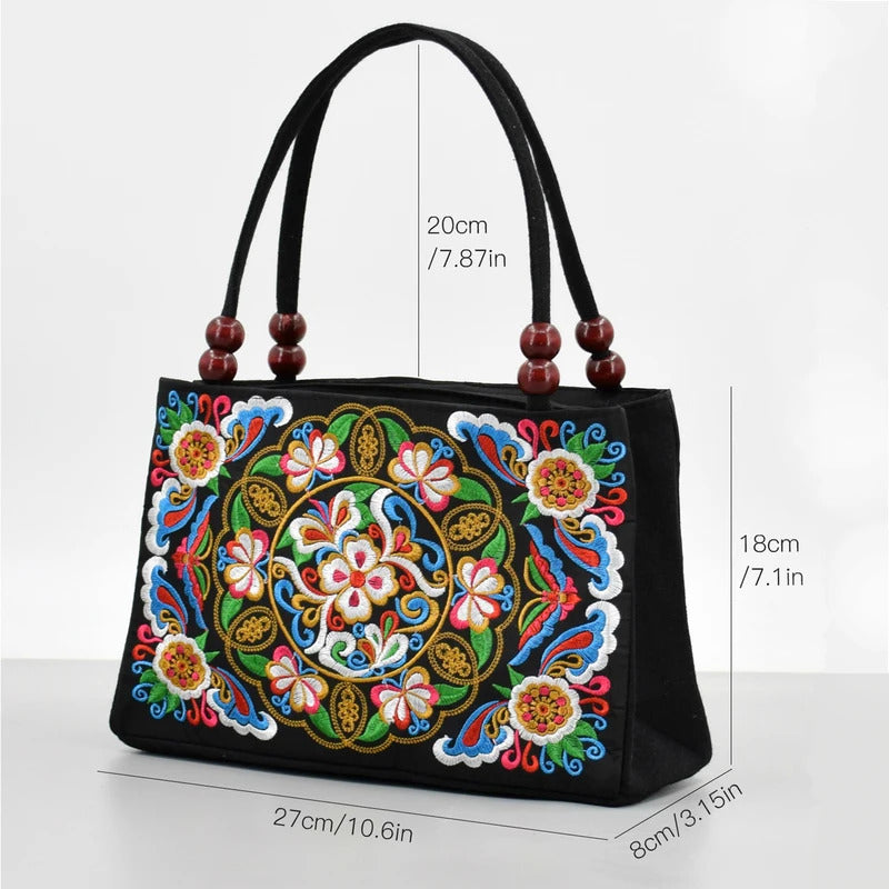 Embroidered Canvas Women's Top Handle Bag: Double Layered with Zippered Compartments, Perfect for Work and Play