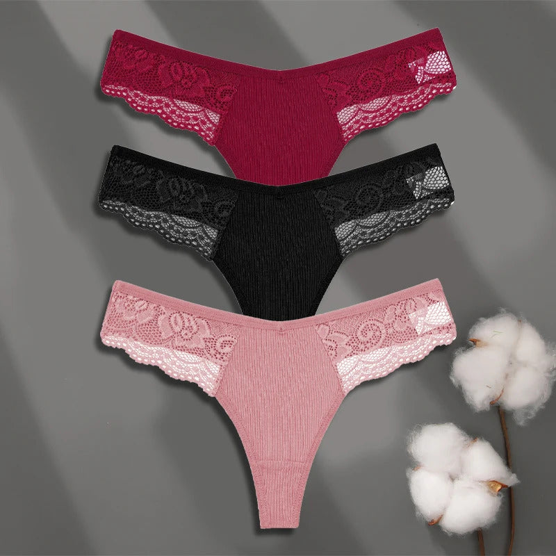 FINETOO 3Pcs Women's Cotton Underwear Lace Thongs Sexy Solid Color Low Waist Bikini Panties Ladies Breathable G-string Lingerie