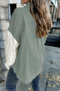 Green Cable Knit Sleeve Raw Hem Shacket