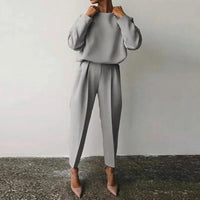 Loose Solid Top Pants Set Women Casual O-neck Full Sleeve Pullover Pleated Long Trousers 2025 New Female Chic 2 Piece Outfits