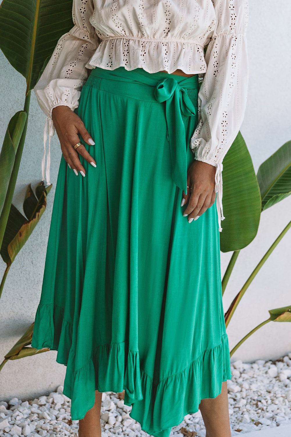 Green Asymmetric Flounce Belted High Waist Maxi Skirts