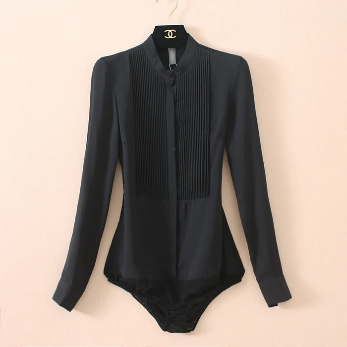 High Quality Women Chiffon Blouse Front Pleated Long Sleeve Bodysuit Office Ladies Shirts with Panties Solid Color Black Beige