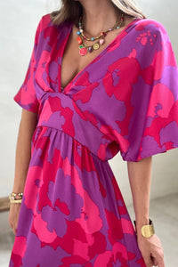 Abstract Floral Print V Neck Dolman Maxi Dress