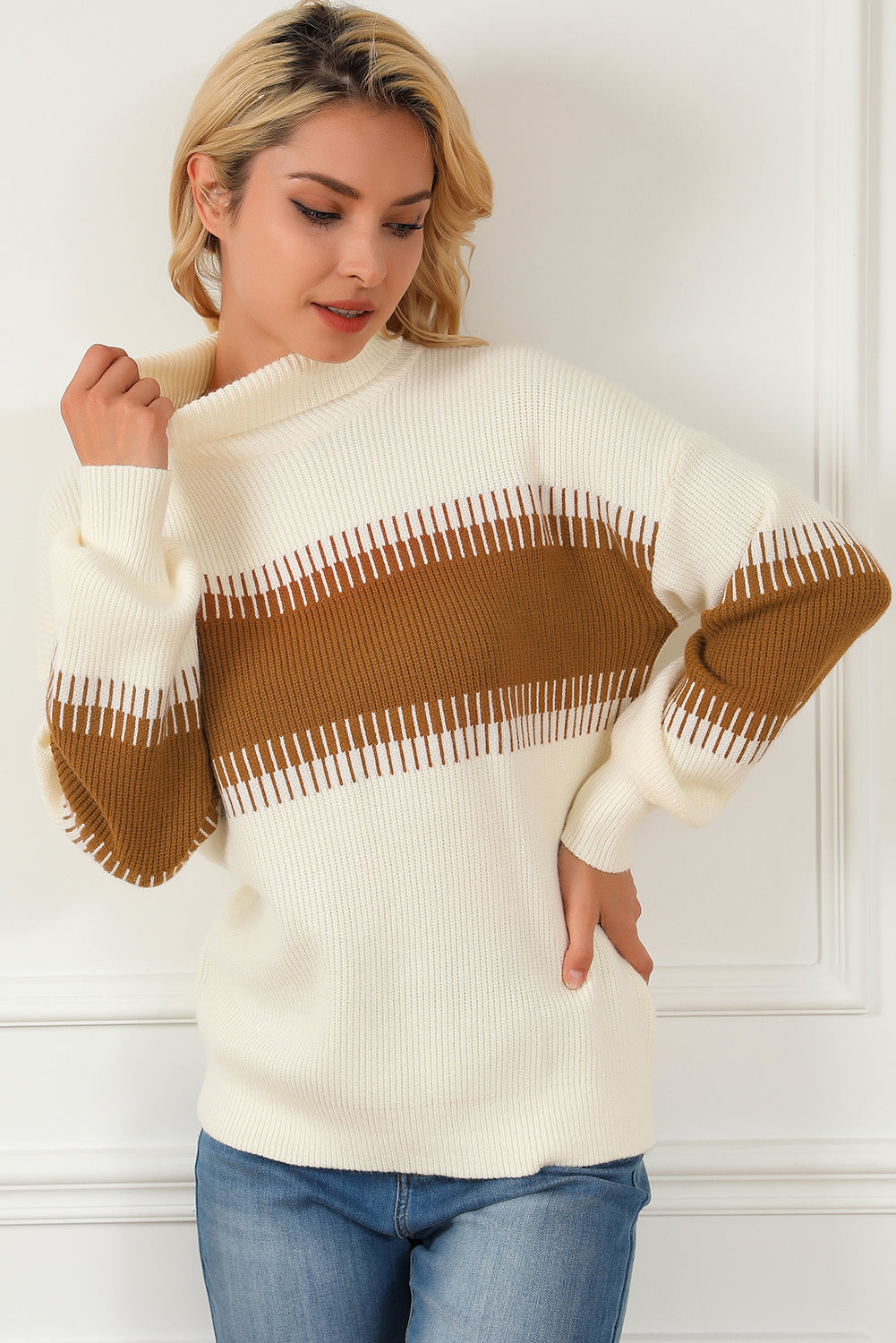 White Printed Patchwork Turtle Neck Knitted Sweater