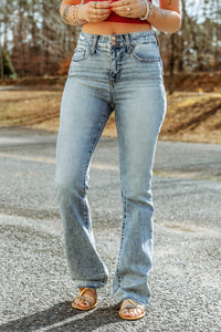 Sky Blue Subtle Ripped Detail Flare Bottom Jeans