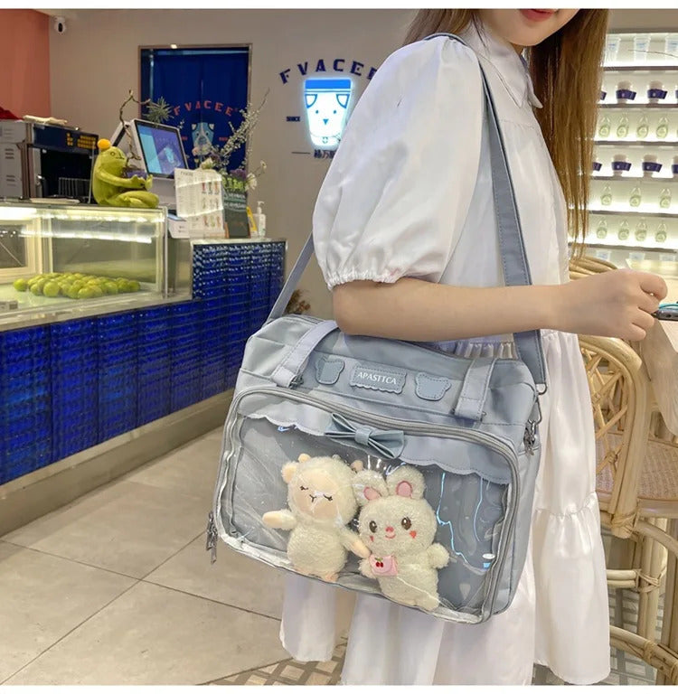 Japanese Cute Transparent Canvas Itabag Fashion Girls One Shoulder Bag Student Personality Crossbody Bag with Badge Doll Ita Bag