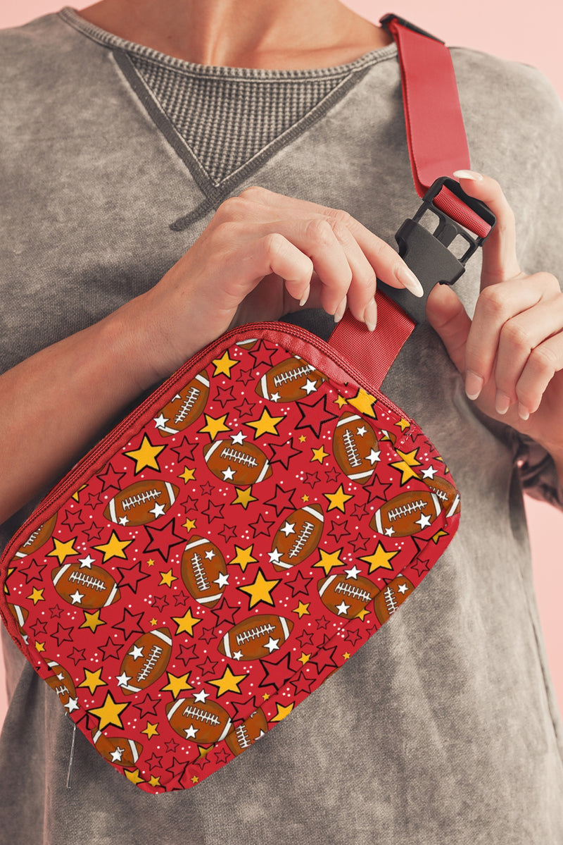 Fiery Red Rugby Star Printed Buckle Strap Crossbody Bag