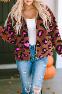 Leopard Zip Up Stand Collar Sherpa Teddy Jacket