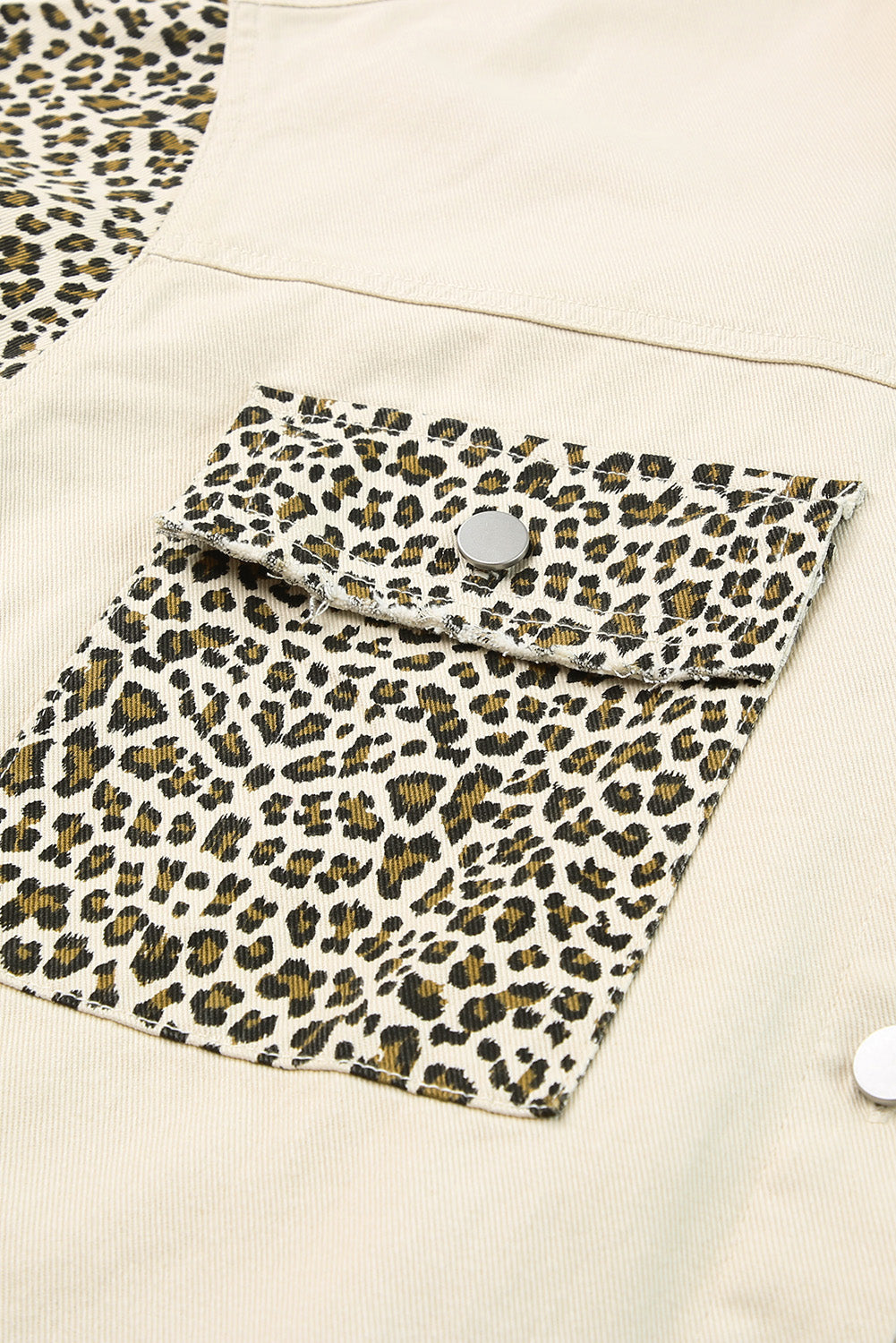 Apricot Plus Size Leopard Sleeve Raw Hem Denim Jacket