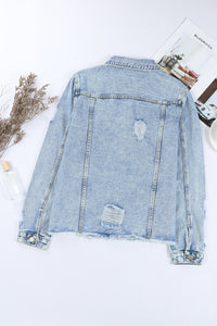 Blue Lapel Distressed Raw Hem Buttons Denim Jacket