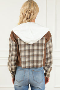 Brown Plaid Patchwork Distressed Hooded Cropped Jacket