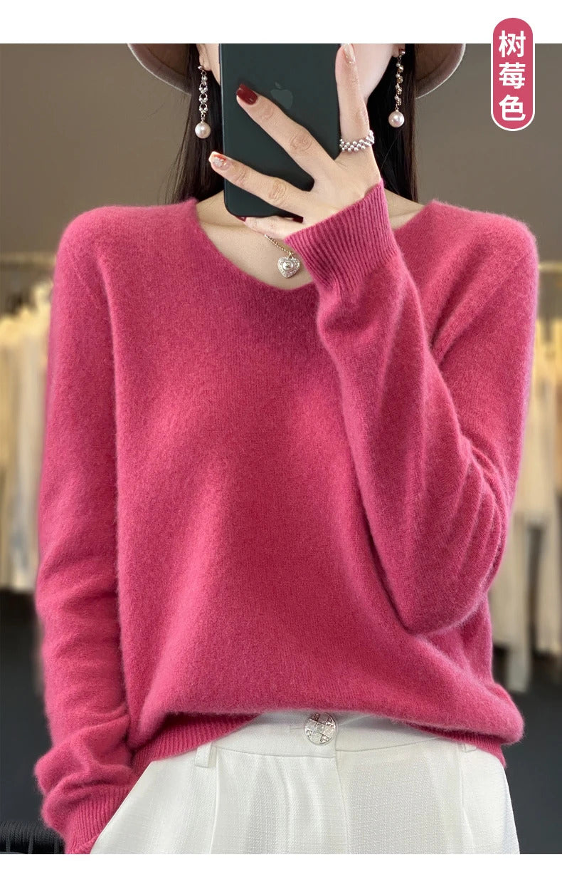 100% pure wool cashmere sweater women's V-neck pullover casual knit top autumn and winter women's coat Korean fashion