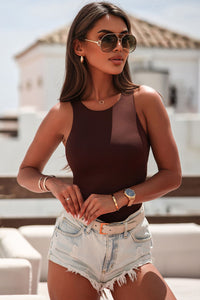 Brown Solid Crew Neck Sleeveless Bodysuit