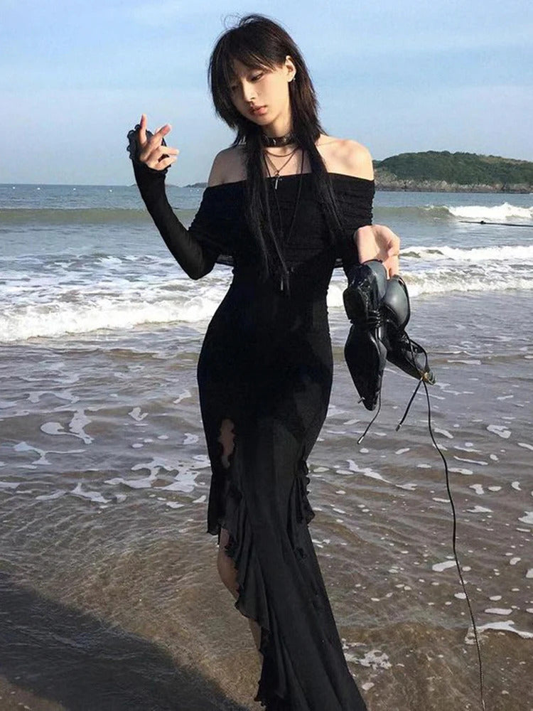 Rockmore Black Slash Neck Party Dresses Elegant Fashion Ruffled Side Slit Slim Long Dress Off Shoulder Women Vacation vestidos