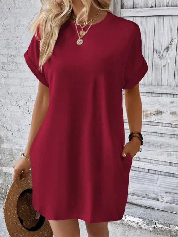 Pure Color Minimalist T-Shirt Short Dress Women Summer Round Neck Pocket Loose Dresses Robe