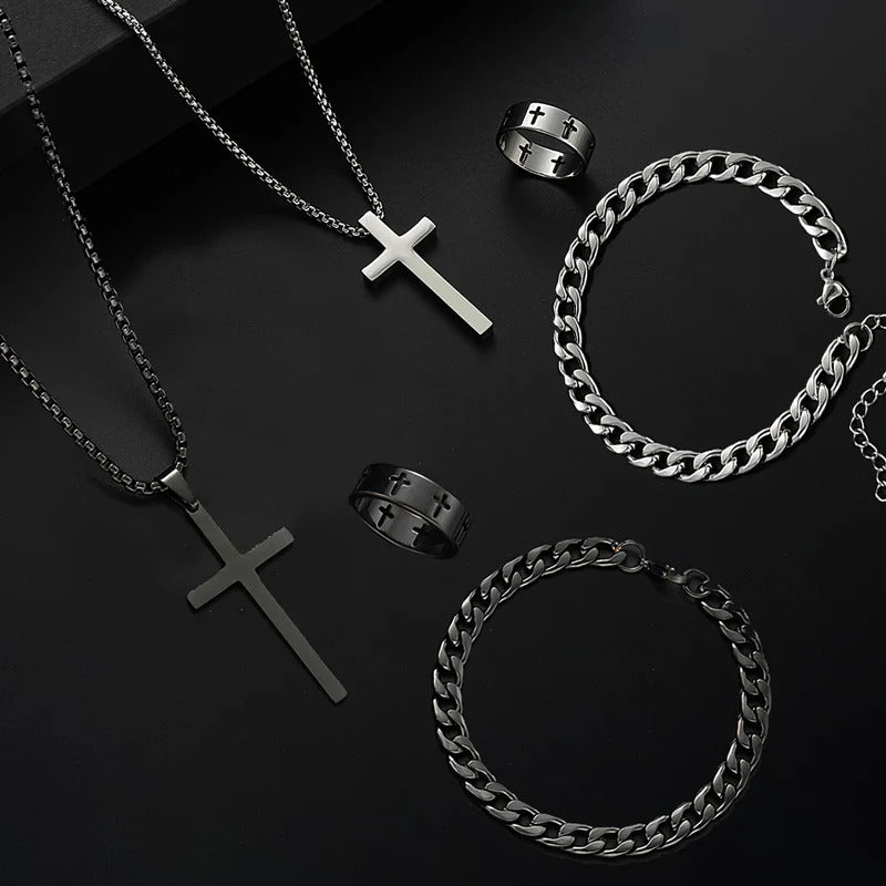 3pcs Set Men's Stainless Steel Metal Cross Pendant Chain Necklace Bracelet Ring Jewelry Set Male Hip Hop Daily Wear Accessories