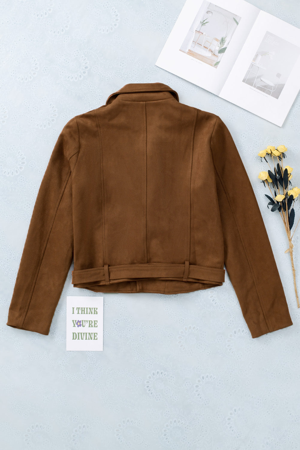 Brown Vegan Suede Zip Detail Moto Jacket