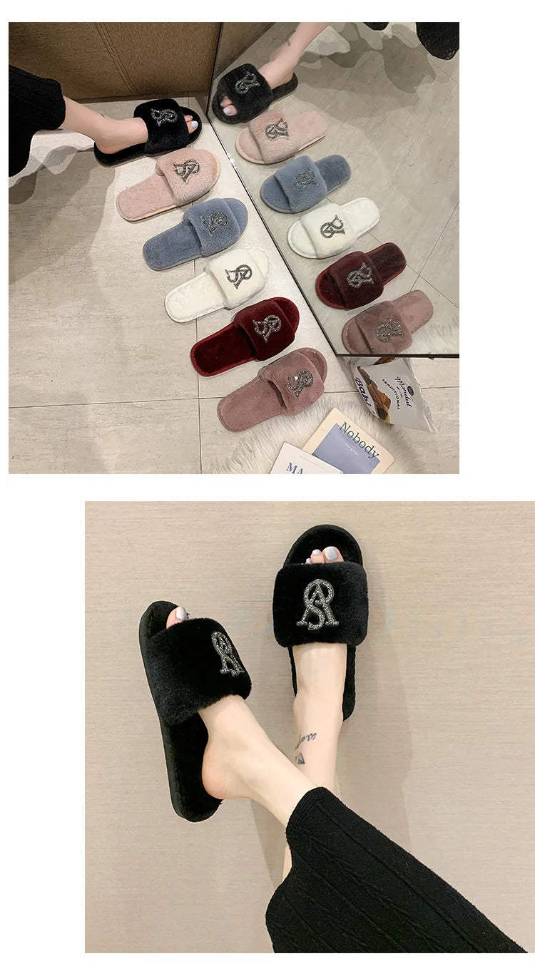 Female Home Cotton Slippers Women Autumn Winter Hairy Warm Footwear Fashion Letter Rhinestones Sandals Woman Casual Flat Shoes