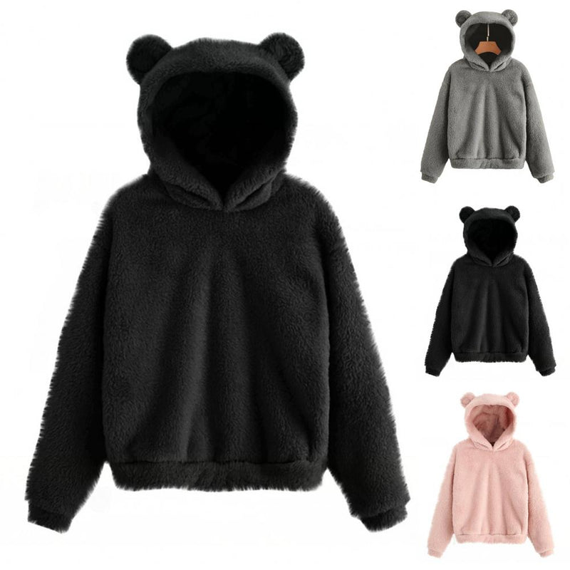 Autumn Winter Women's Hoodies Winter Women Long Sleeve Rabbit Ear Hood Sweatshirt Cute Plush Warm Casual Hoodie Tops