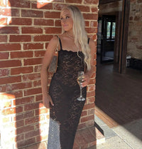 Elegant Lace See Through Maxi Dress Women Summer Sexy Spaghetti Straps Bodycon Wedding Party Dresses 2023 Black Split Long Dress