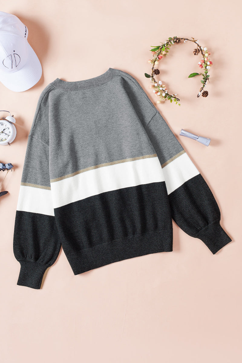 Gray Colorblock V Neck Sweater