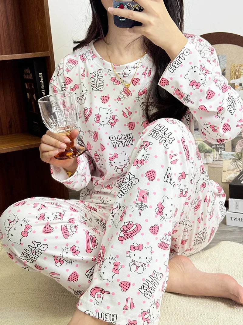 Women's Loose Round Neck Cute Kitty Homewear Pajamas Women's Simple Leisure Long Sleeve Long Pants Two-piece Suit Pajamas  Women