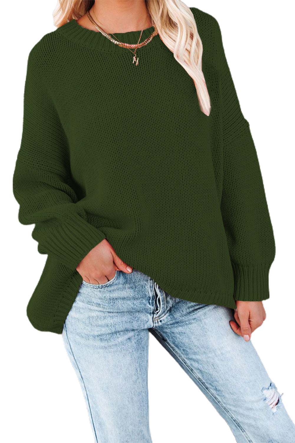 Green Oversize Knitted Drop-shoulder Sleeve Sweater