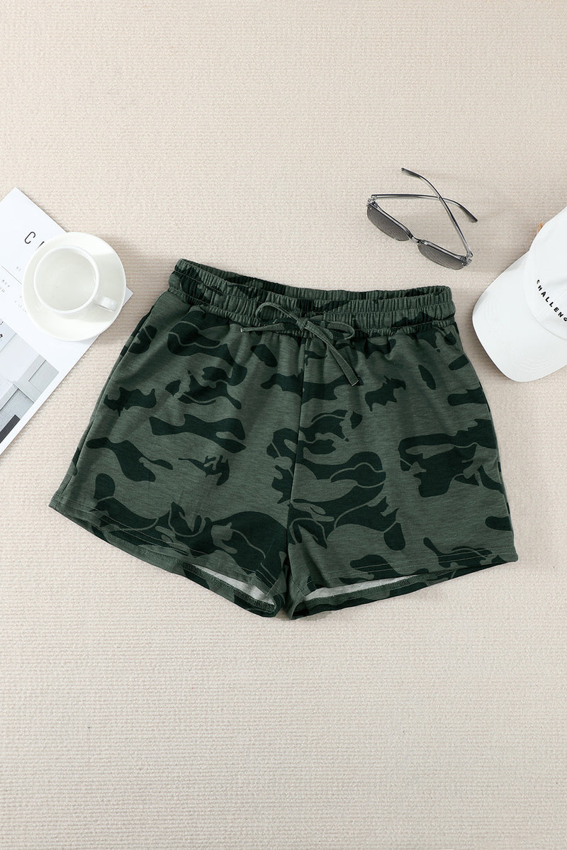 Army Green Camo Print Raw Hem Casual Shorts