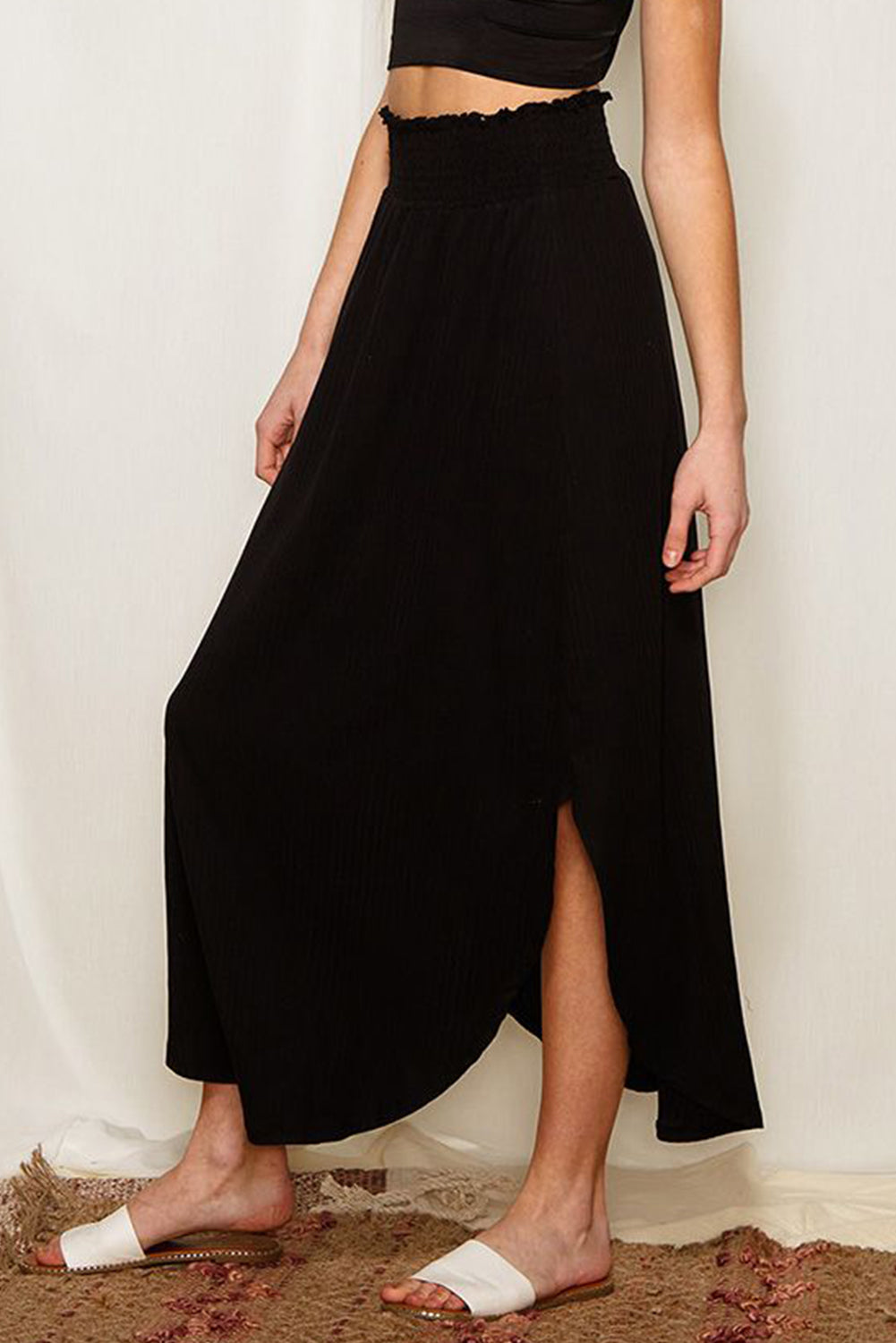 Black Smocked High Waist Maxi Skirt with Slit