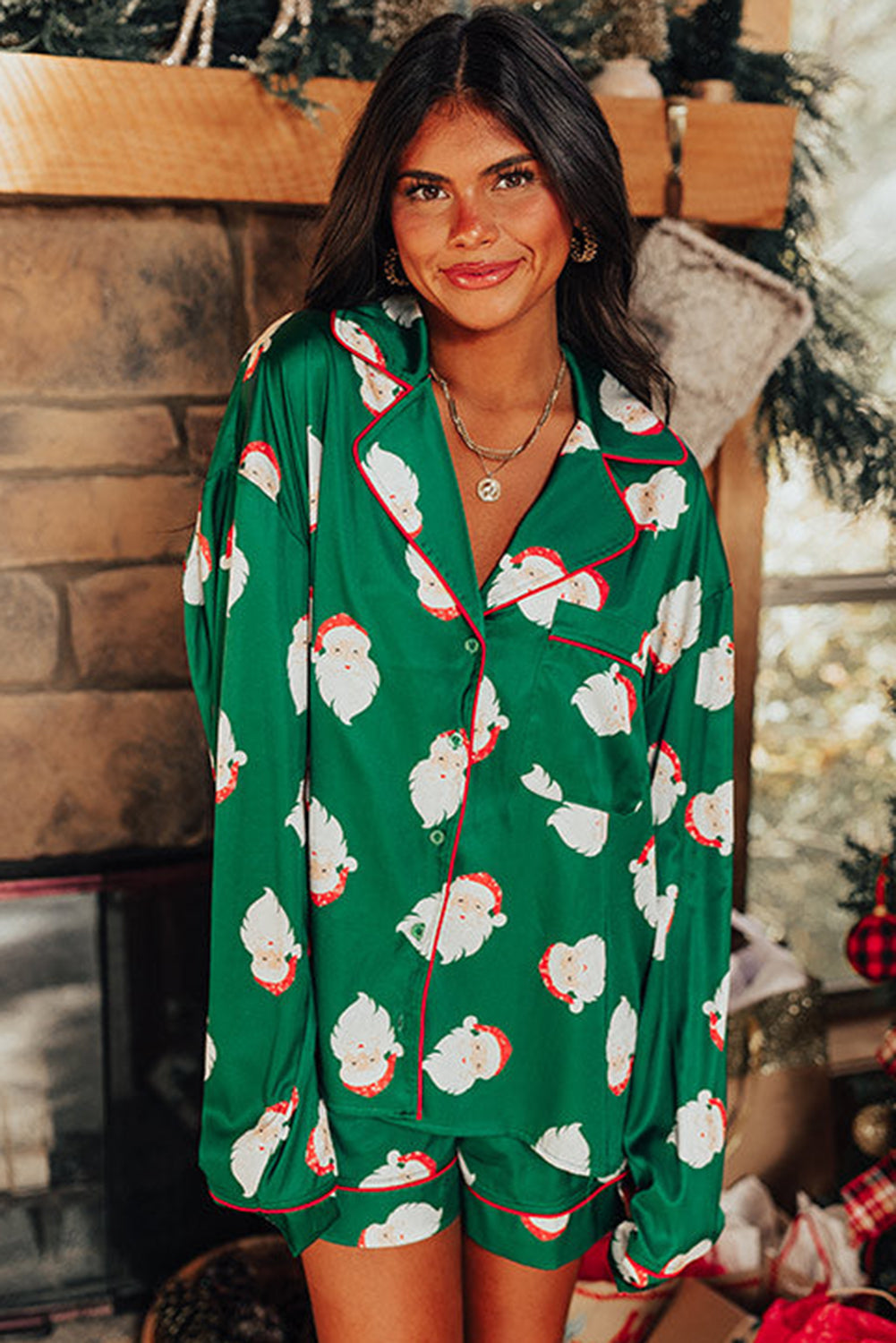 Green Christmas Santa Claus Print Satin Shirt and Shorts Set