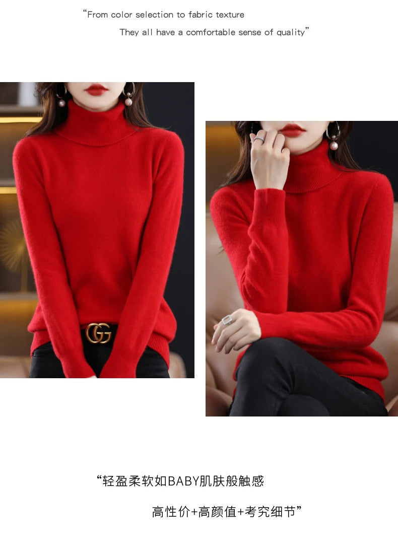 100% Merino Wool Cashmere Sweater Women Knitted Sweater Turtleneck Long Sleeve Pullovers Autumn Winter Clothing Warm Jumper Tops