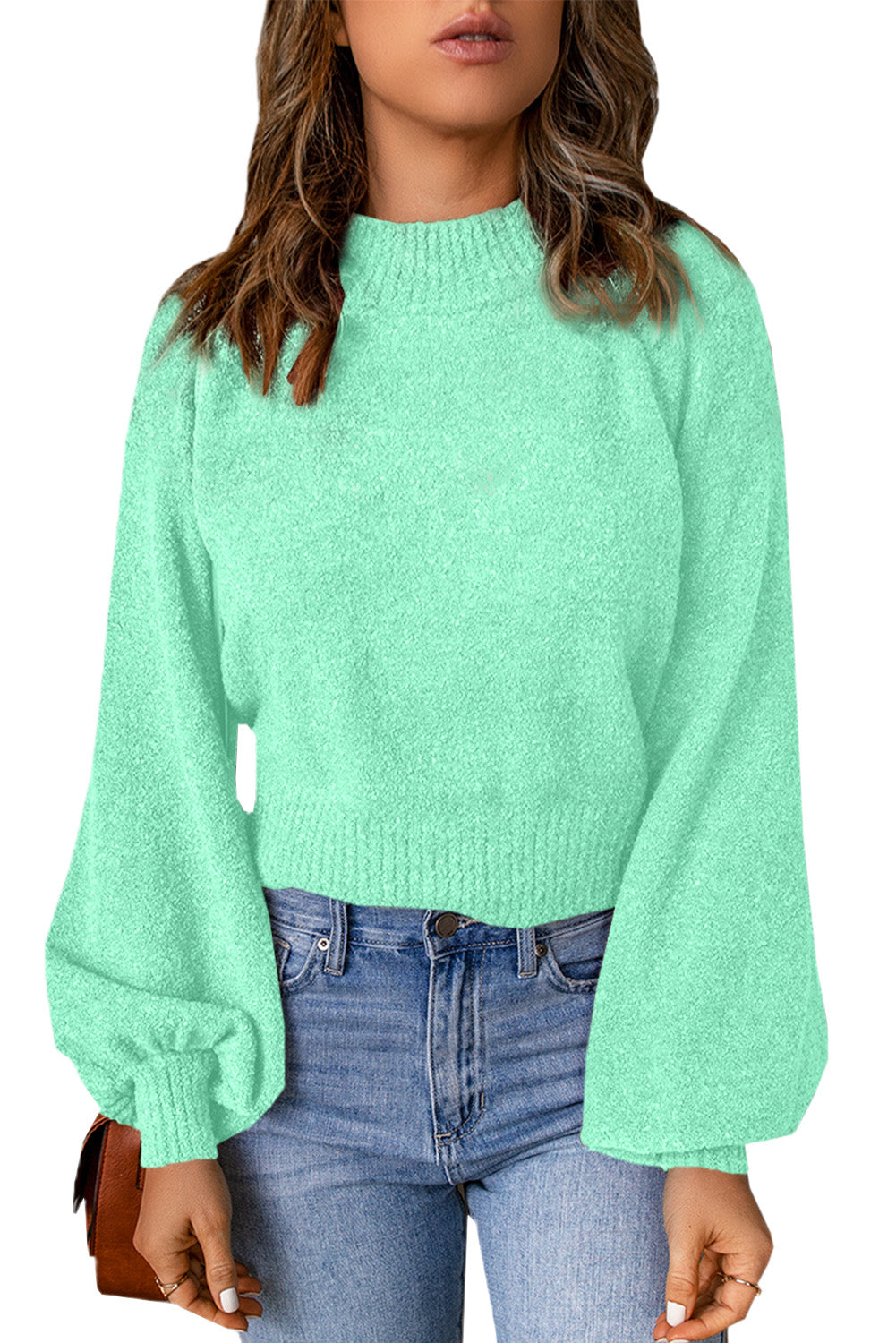 Solid Color Lantern Sleeve Knitted Sweater