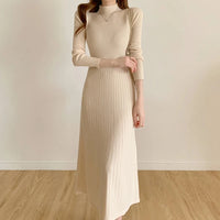 Autumn Winter 2023 Slim Long Sleeve Party Midi Dress for Women Knitted Half High Collar Elegant Knitted Sweater Dresses Ladies