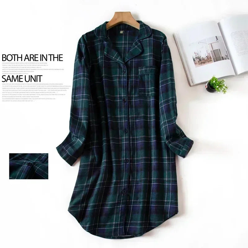 Flannel Cotton Home Nightdress Cardigan Shirt Night Dress Cute Cartoon Plaid Design Sleepwear Fashion Sleeping Shirt Woman