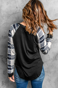 Blank Apparel - Monochrome Plaid Long Sleeves Black Pullover Top